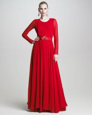 Oscar de la Renta Pleated Long-Sleeve Chiffon Gown - red.jpg